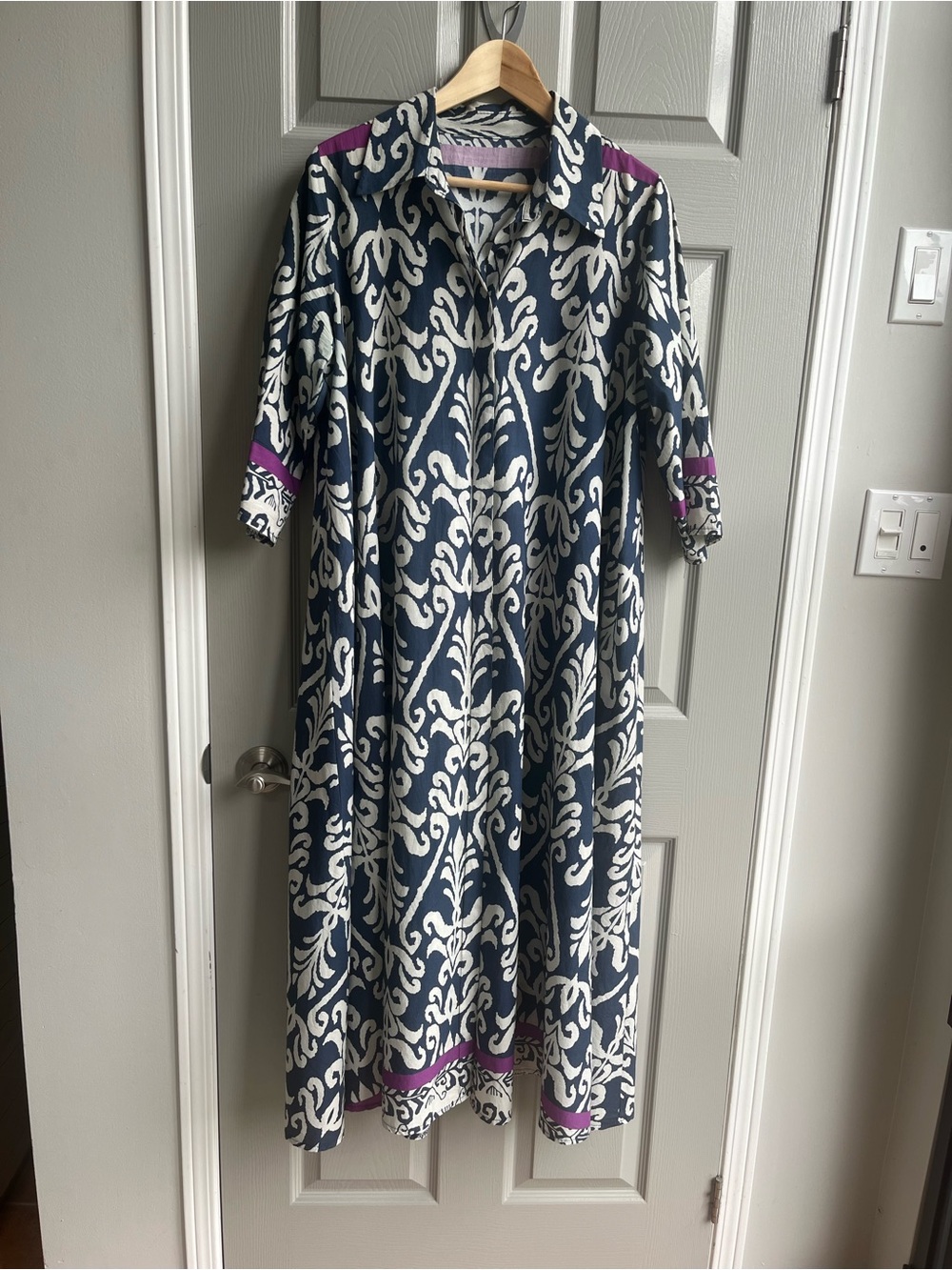 Blue and White Patterned Women’s Shirt Dress with Purple Accents
